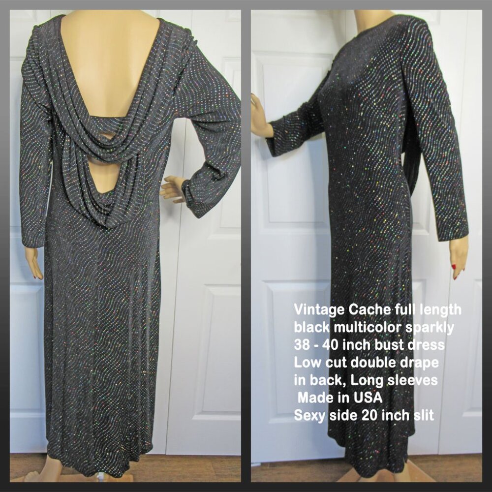 VTG Cache long black sparkly 38 - 40" bust dress, Low cut double drape back WOW!